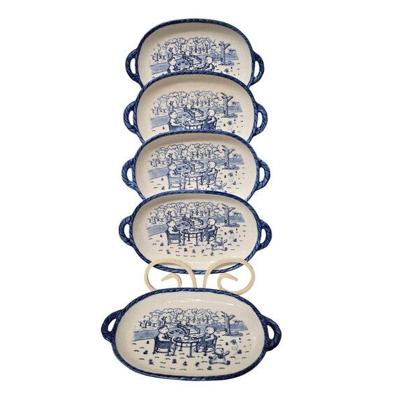 5 Chulkiart Ceramic Handled Serving Trays Dish Bear Picnic Scene - Picture 1 of 4